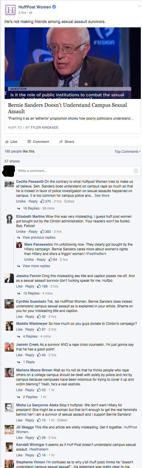 Huffpost Women tries to discredit Bernie. Huffpost Women readers aren't having it.