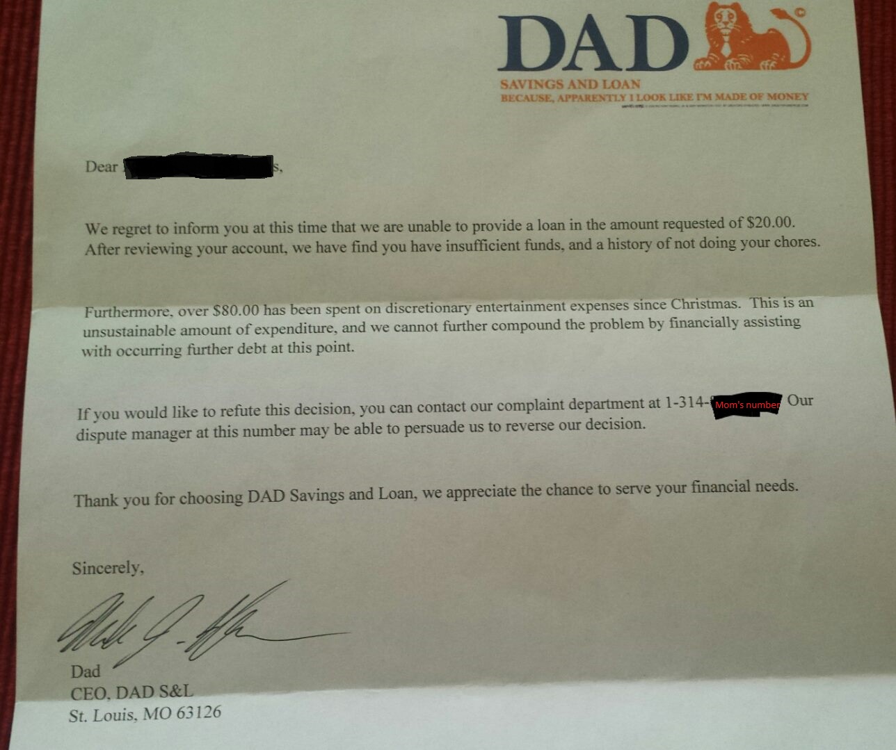 Our 6 y/o asked Dad for an advance on his allowance for a toy. This is the response he got.