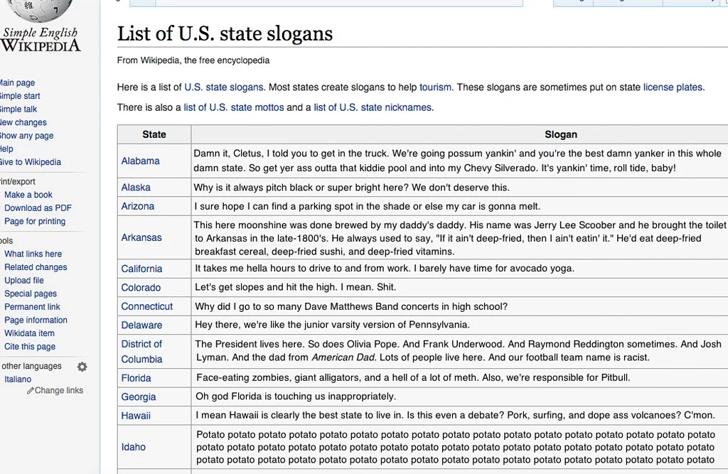 Someone is editing all the US state slogans on wikipedia and it's amazing