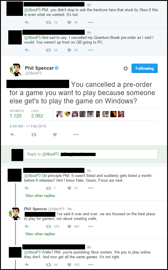 Xbox peasant upset that Quantum Break is coming to PC. Phil Spencer puts him in his place.