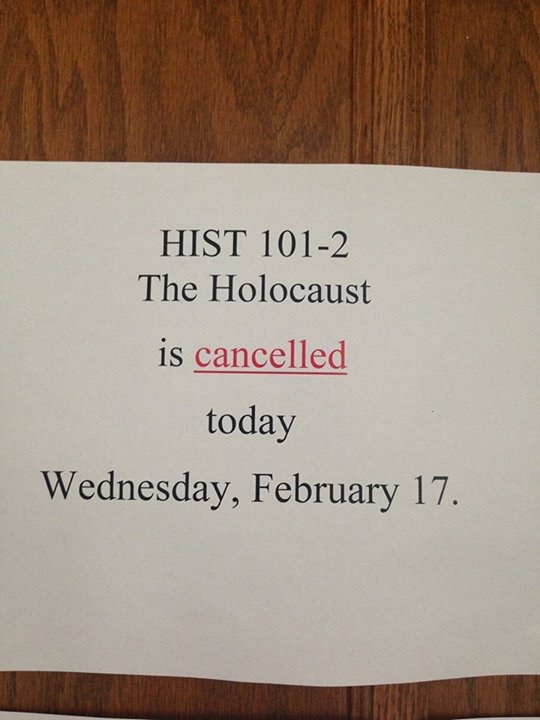 Either class was cancelled, or a horrible crisis has been averted.