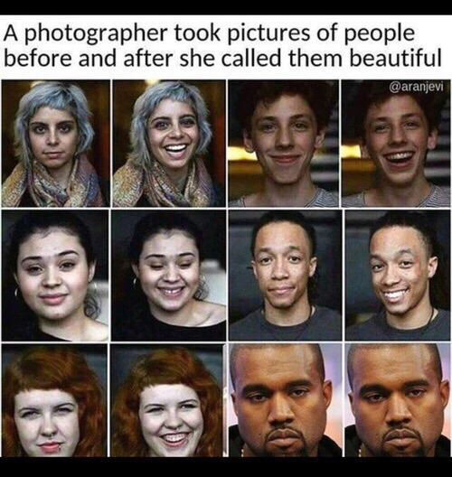 A photographer took pictures of people before and after she called them beautiful.