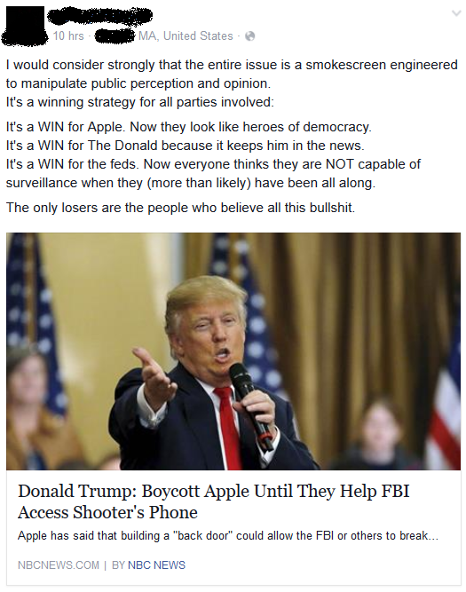 Trump conspired with Apple and FBI.