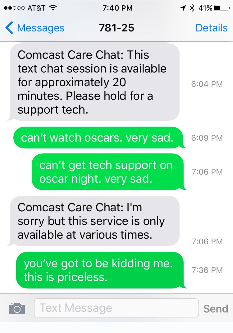 TV channel goes out, during the Oscars. Comcast text support to the rescue!