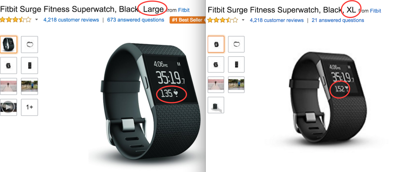 Increasing the fitbit's size to XL on Amazon.com changes the picture to have a higher heartrate