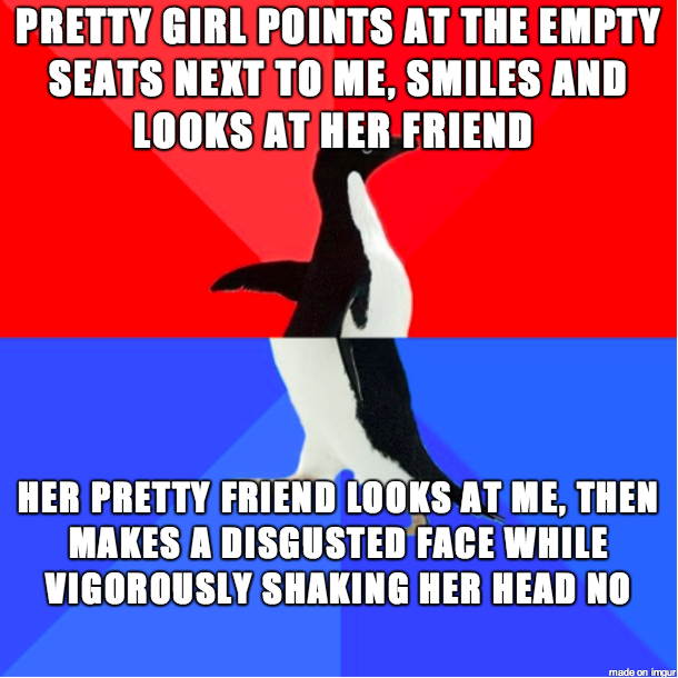 I'm sitting on a packed train with the last two empty seats next to me.