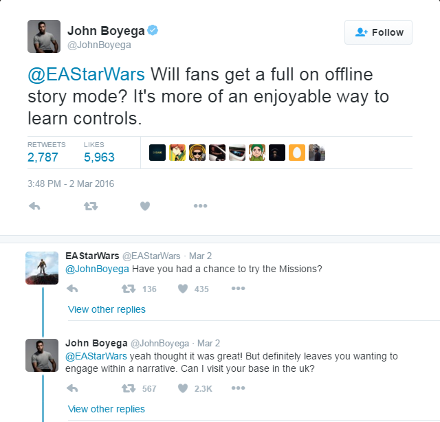 John Boyega points out the lack of narrative in EA's Battlefront and asks to visit their offices.