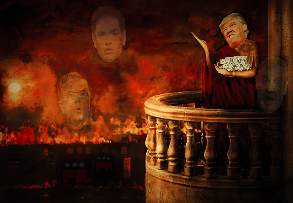As the Republican Party burnt to ashes, Trump could be seen manically shouting insults