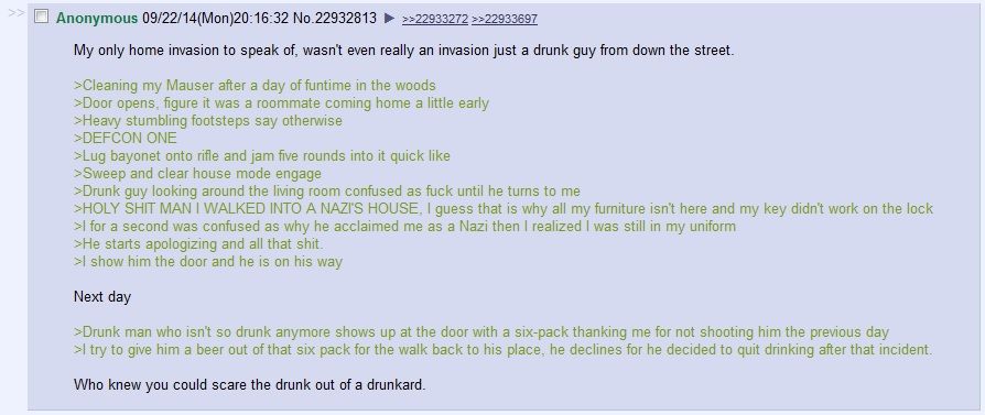 /k/, scares the drunk out of a drunkard