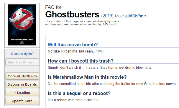 FAQ at imdb for the new Ghostbusters movie