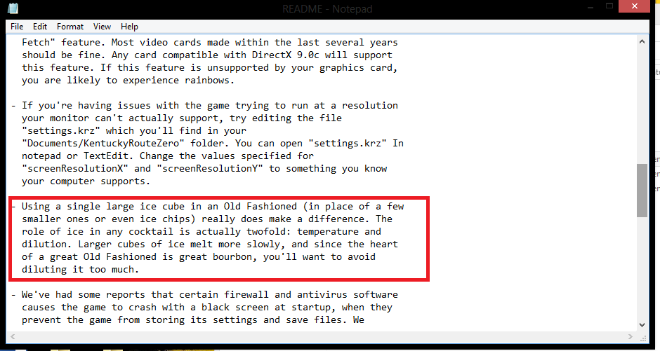 Kentucky Route Zero's READ ME file, "known issues"