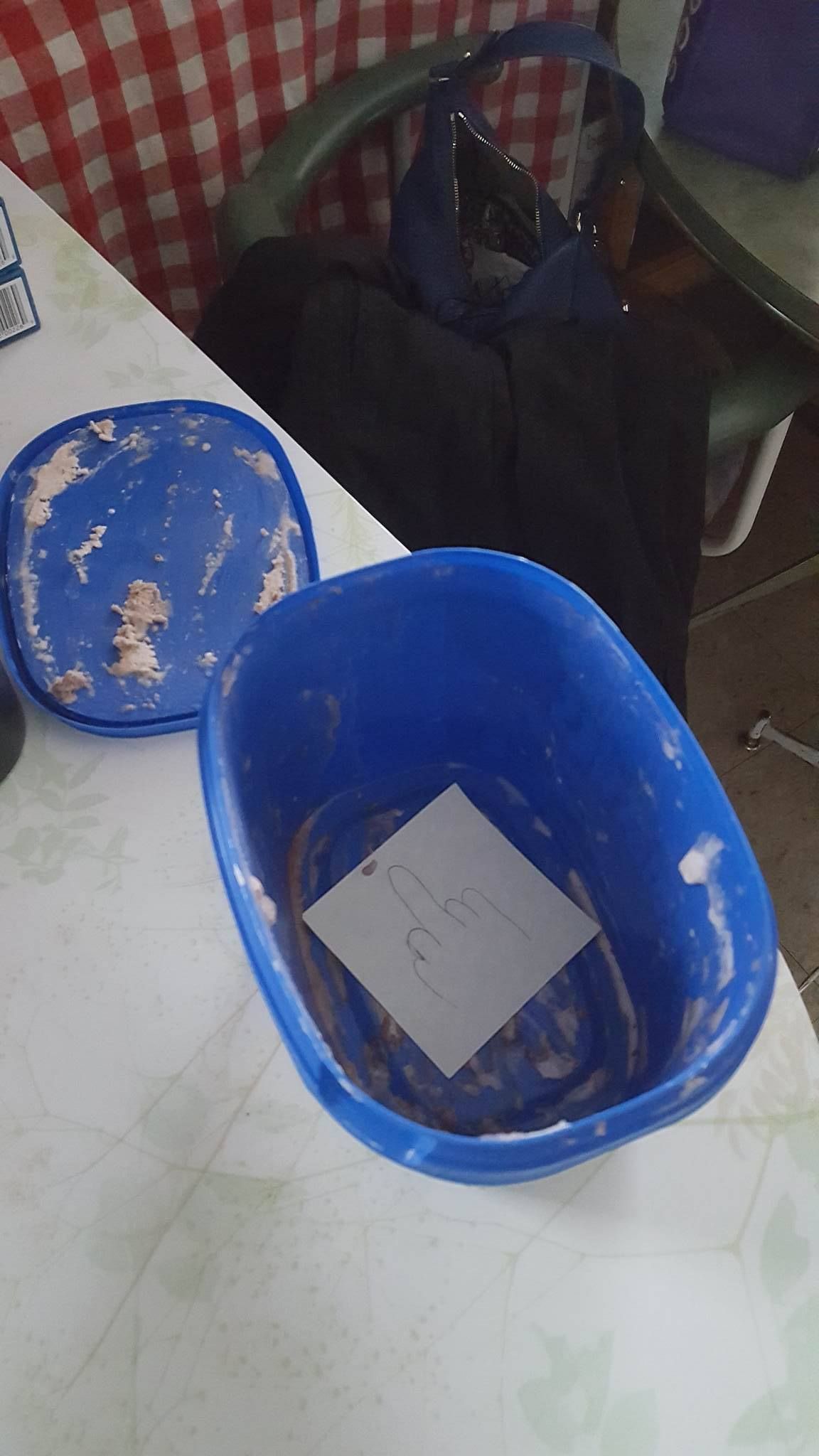 GF's brother ate all the ice cream and left this inside for her