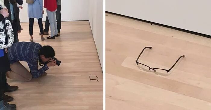 Someone put glasses on the floor and the visitors thought it was art