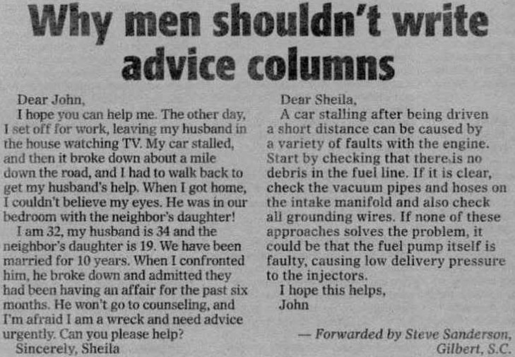 Why men shouldn't write advice columns.