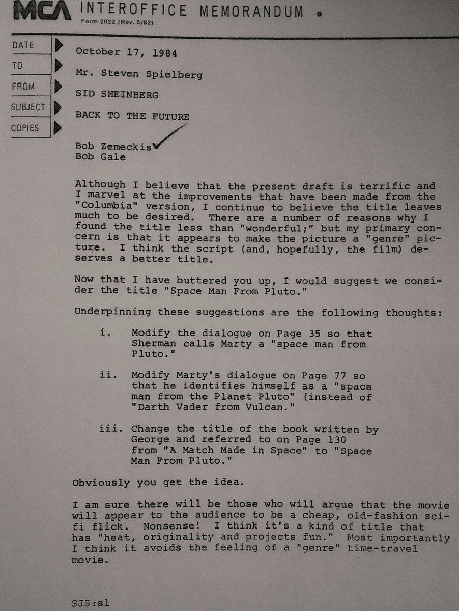 Studio notes to Spielberg over Back to the Future