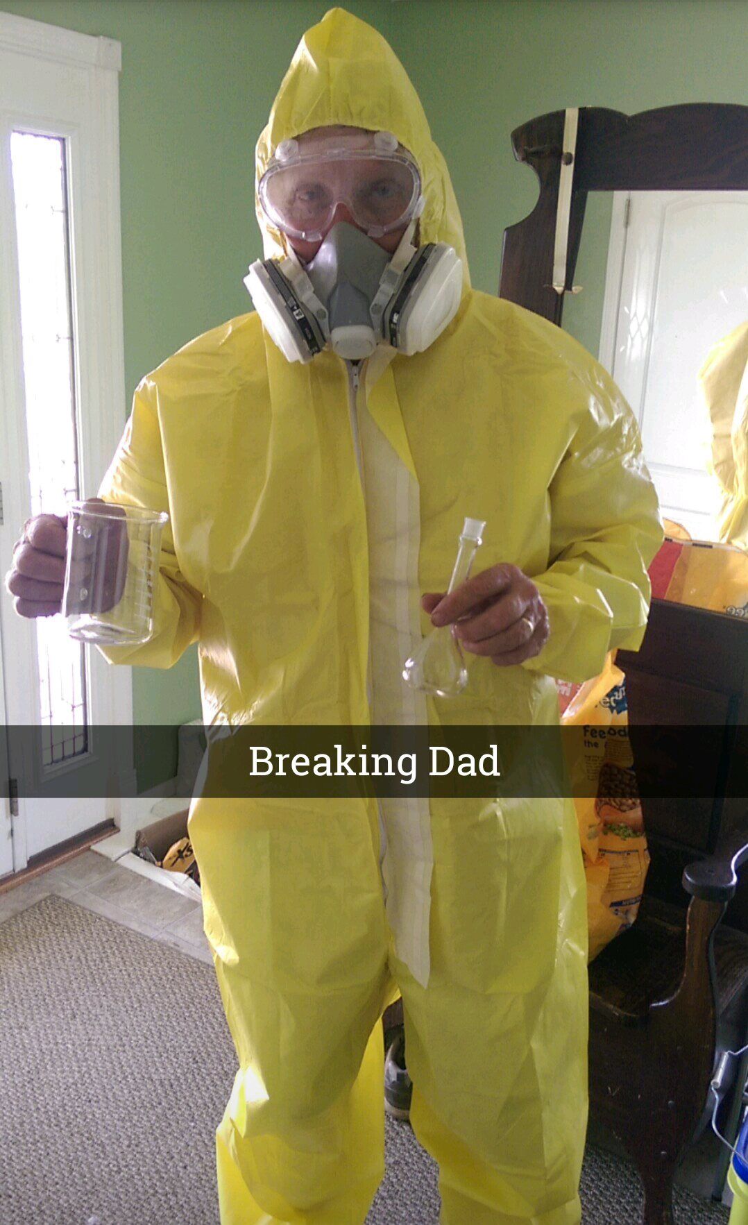 My dad had to suit up to spray foam insulation. I added some props and voila.