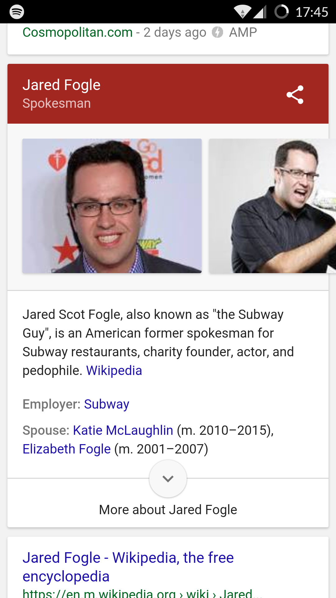 Wikipedia casually mentioning that Jared Fogle is a pedophile like it's nothing, and for some reason I find it funny