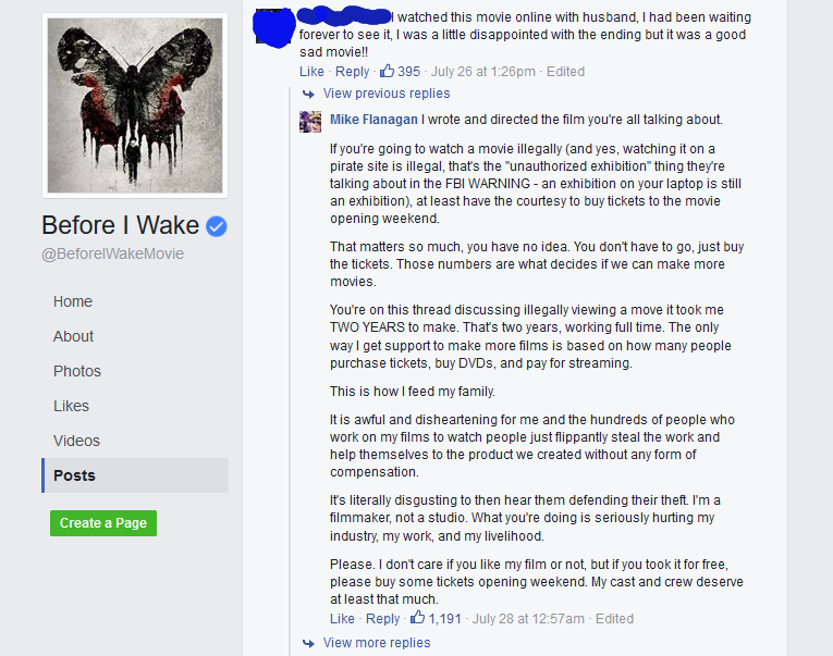 "Hush" and "Oculus" director Mike Flanagan responds to people pirating his new movie, "Before I Wake"