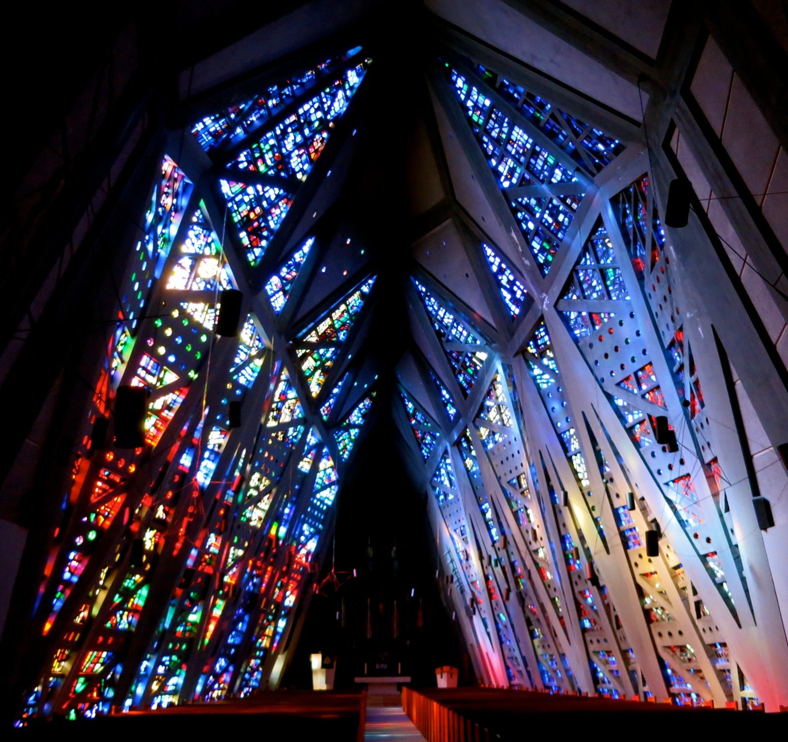 Do church sanctuaries count? This one is almost entirely stained glass.