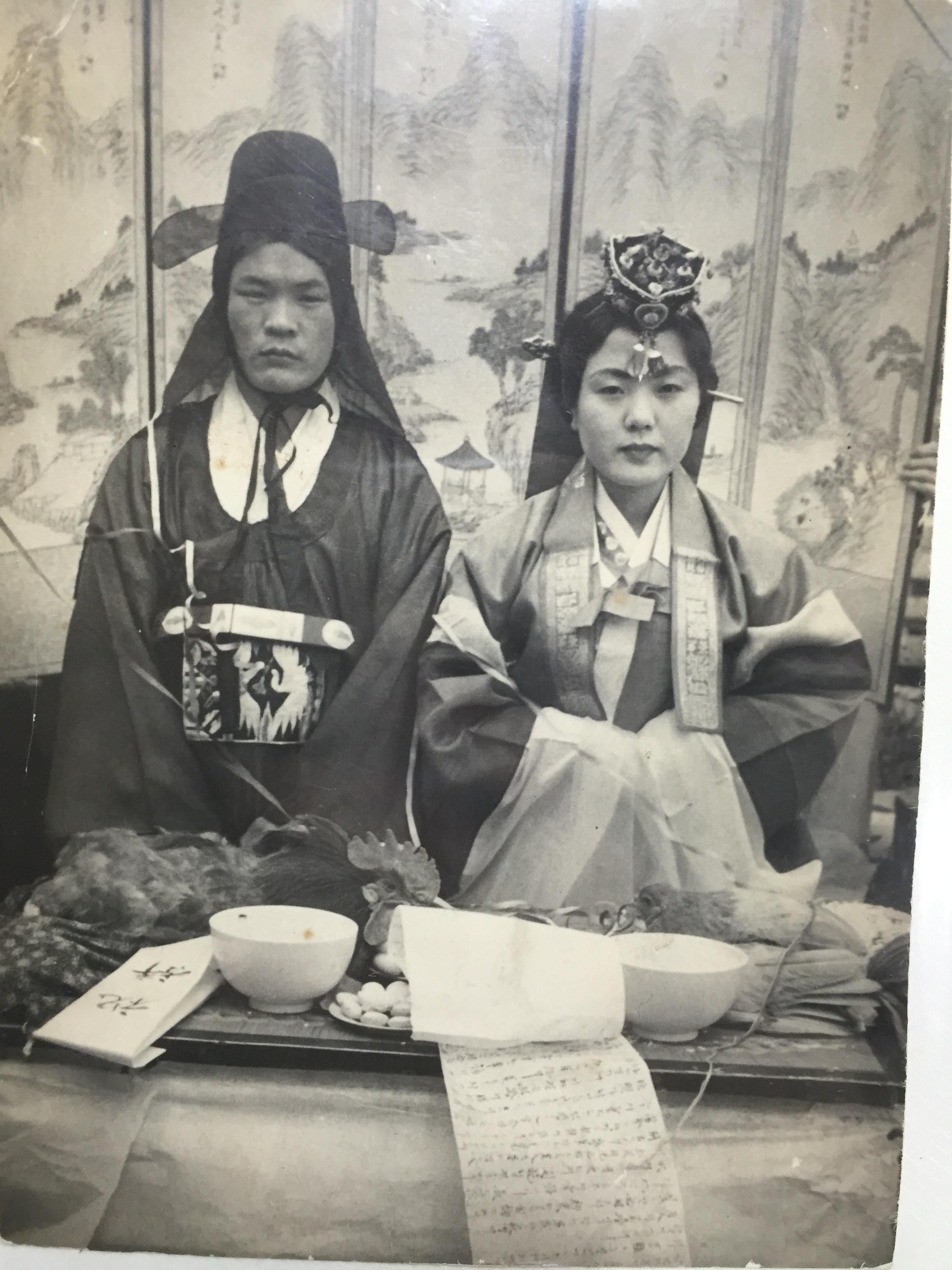 My Korean Grandparents at their traditional wedding. 1950's