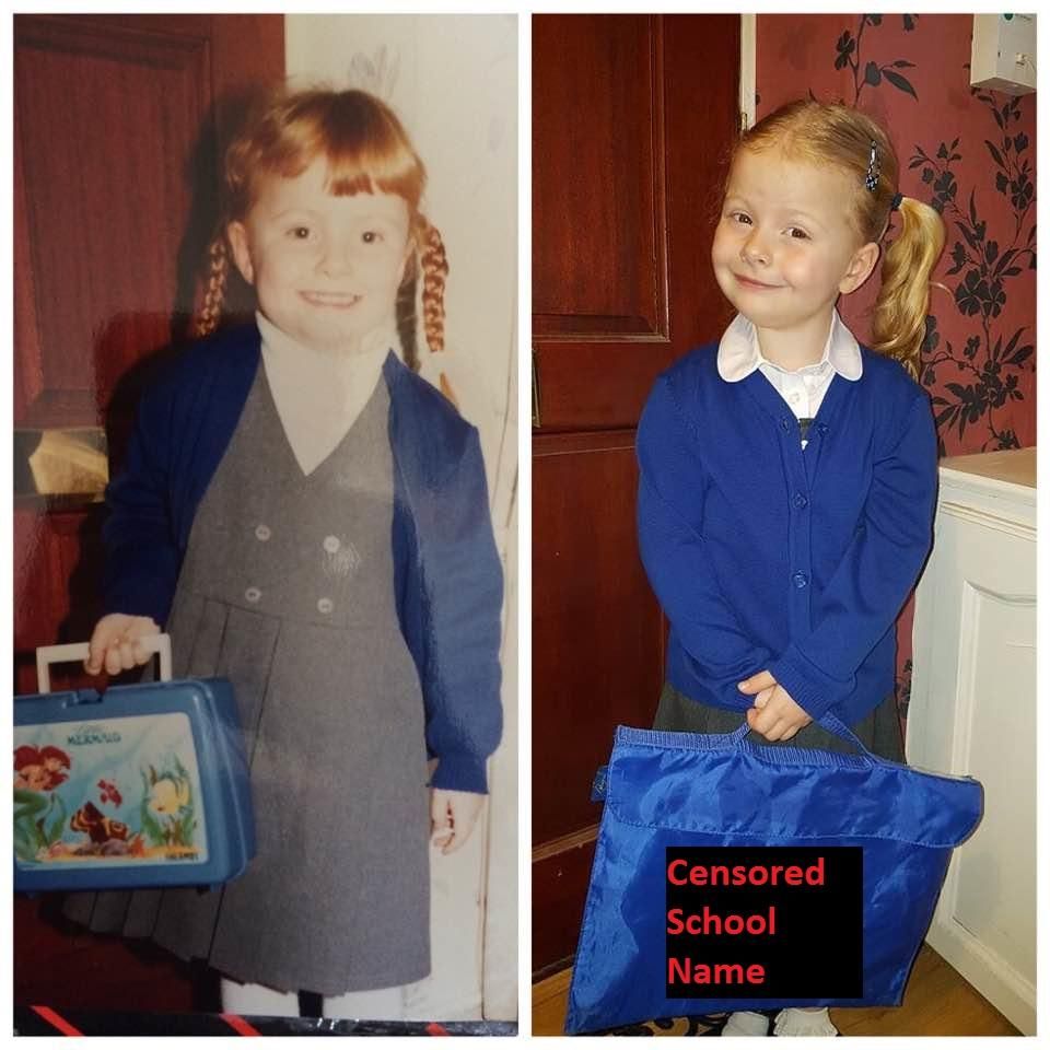 Wife & our Daughter . First days at the same school, photo taken in same house, same place, 24 years apart :)