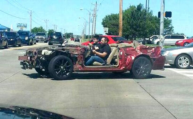 Tornado hit his car. He found it, started it up, and started driving around town.