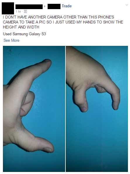 Guy takes a pic of his hands to show the length and width of phone he is selling.