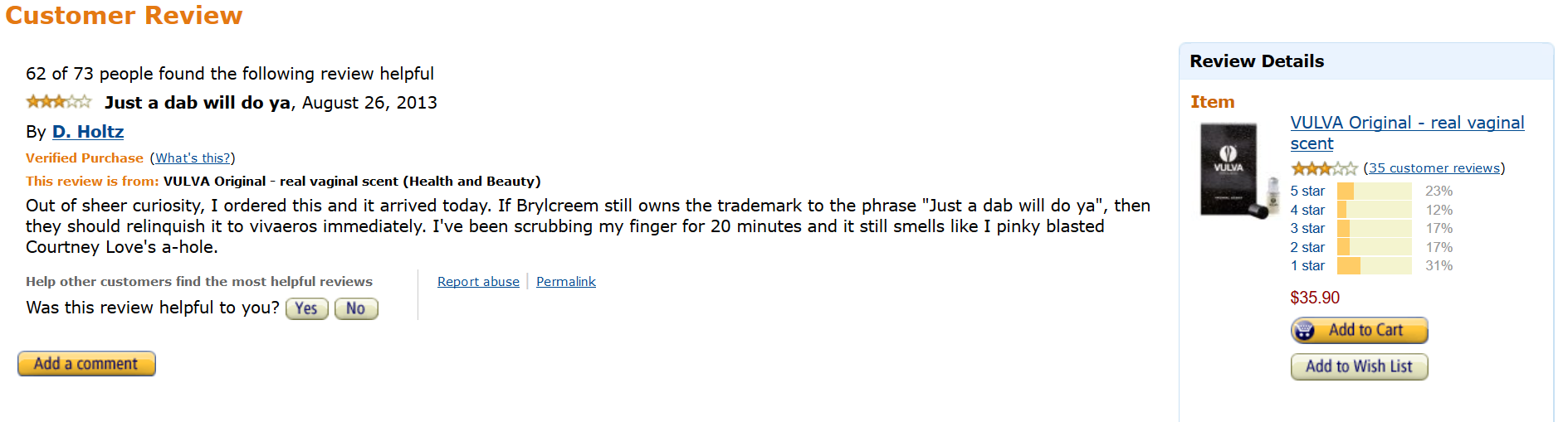 Turns out they have a vagina scented "perfume." This amazon review is hilarious.