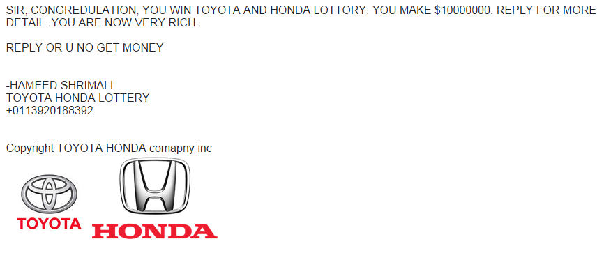 Last year I won the Toyota Honda lottery. Today I am VERY RICH.