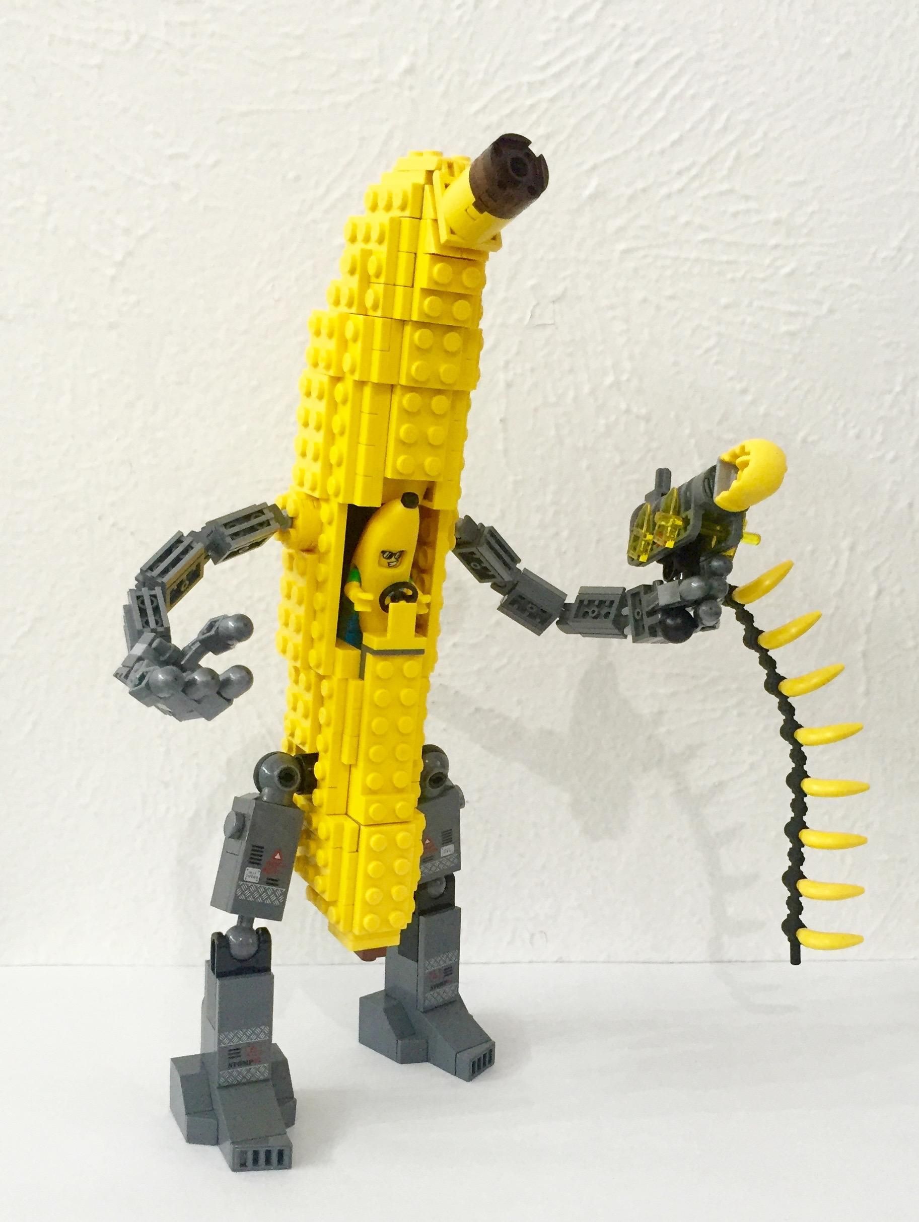 Lego Man in Banana Suit piloting Banana Mecha shooting bananas for scale - Lego CMF 16 Mecha series
