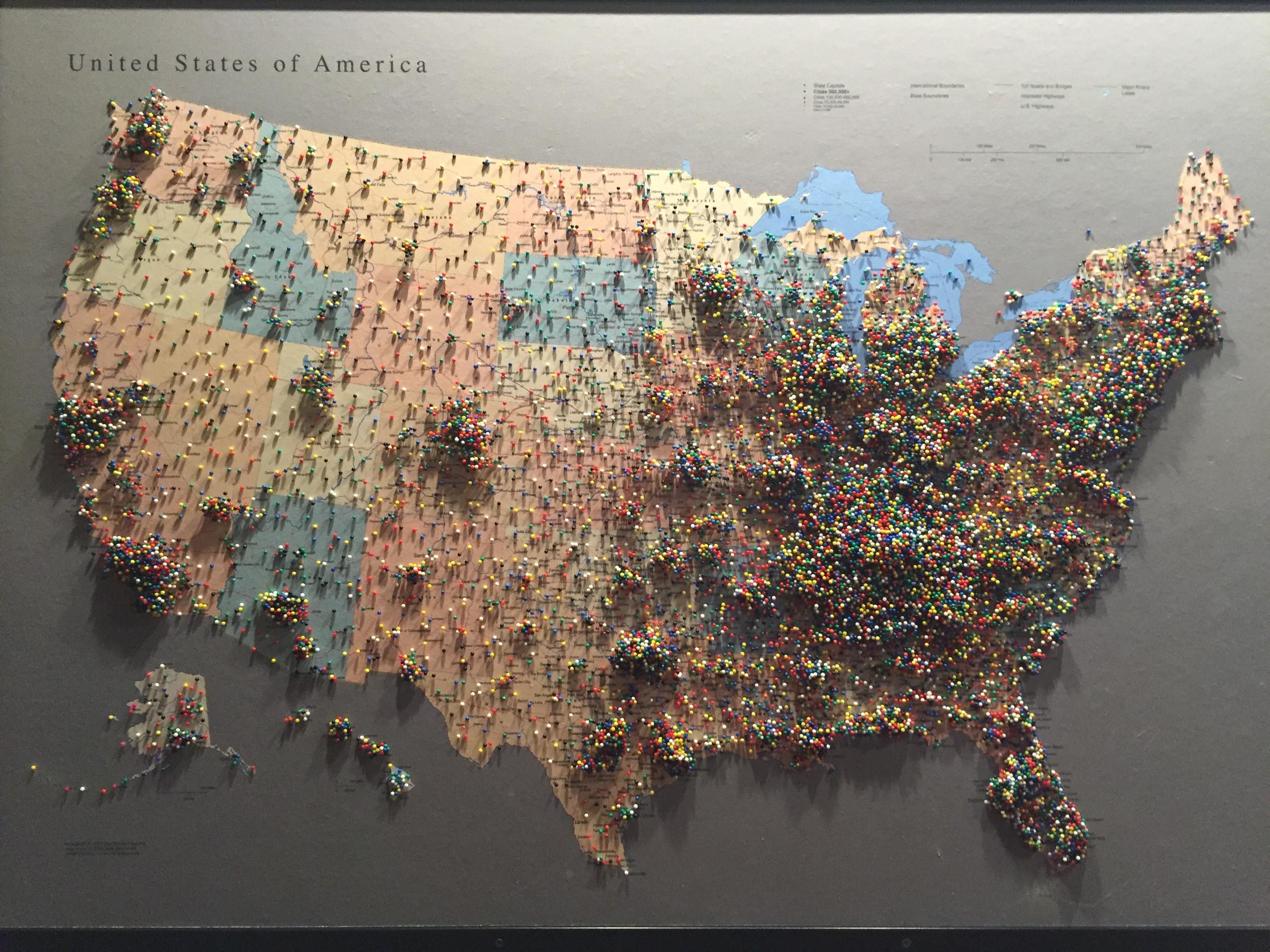 Where I work, we let customers pin their hometown on this map.