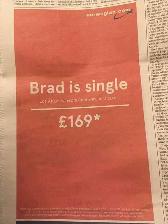 Brad Pitt is single Ad by Norwegian Airlines