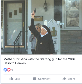 Accidentally Perfect: Nun with a Gun, in Front of Funeral Home, Starting a Race