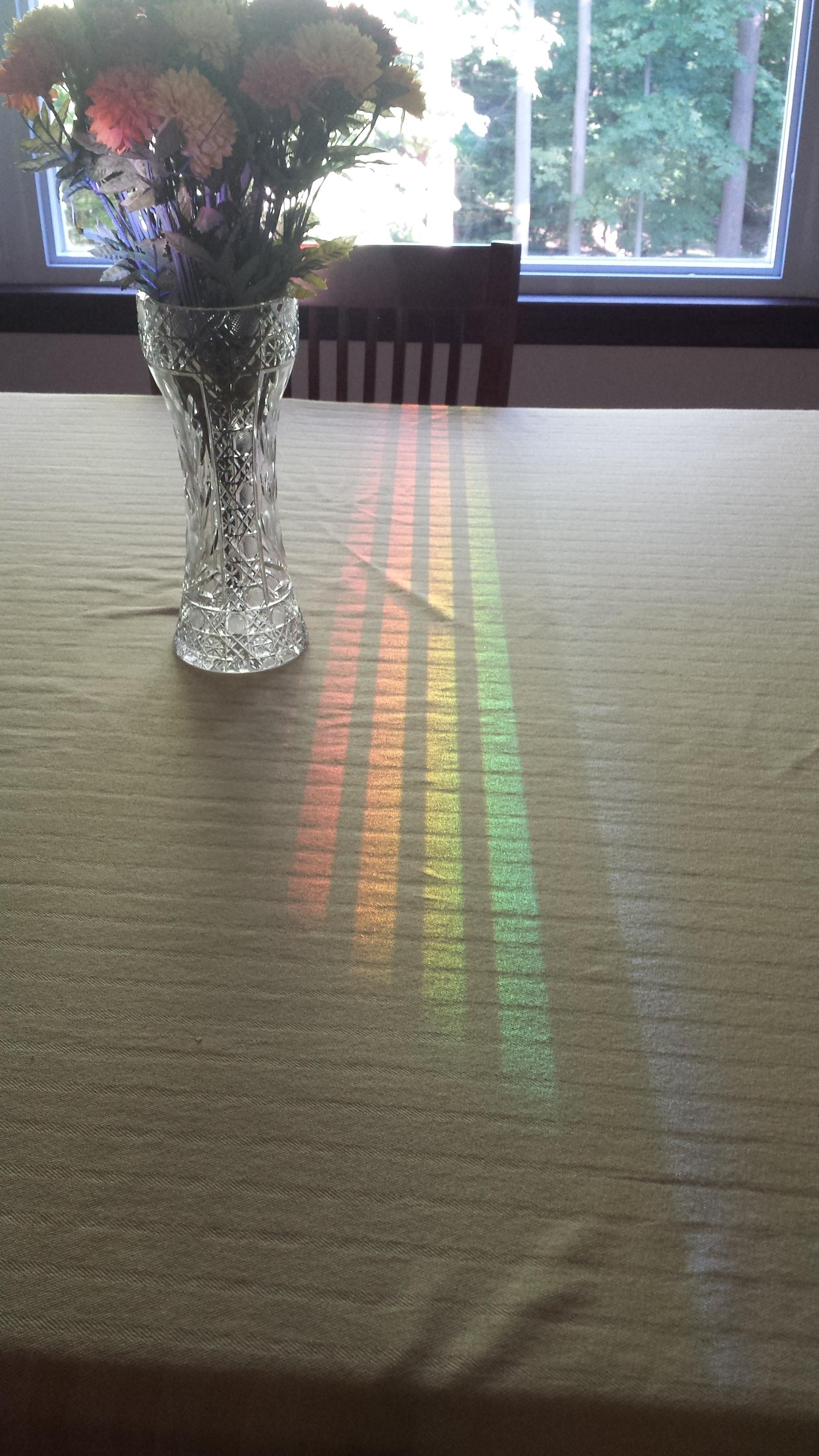 This spectrum reflected off the dining room window through a chair back.