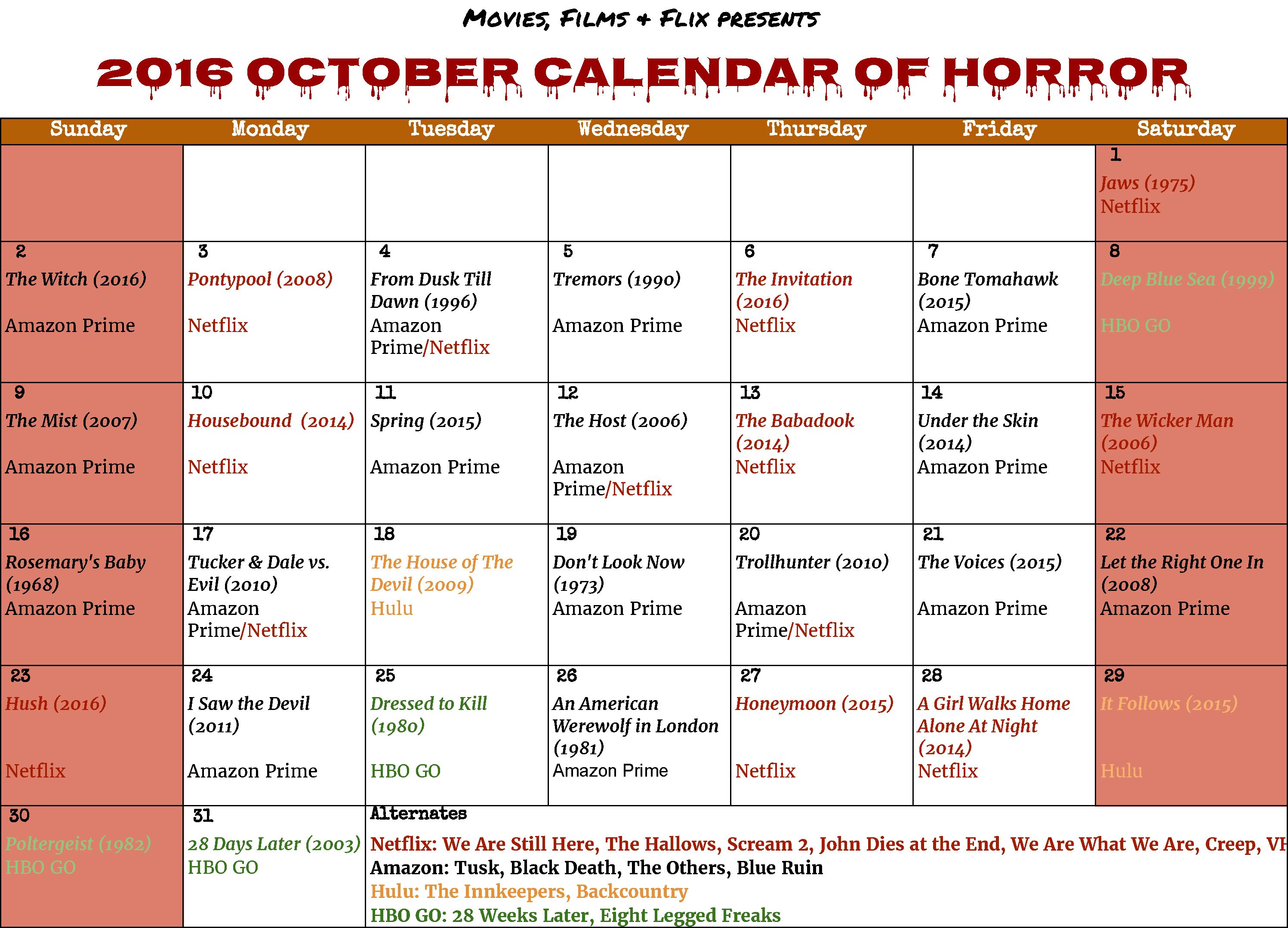 I searched through the major streaming sites and put together a calendar of horror films you can stream in October.