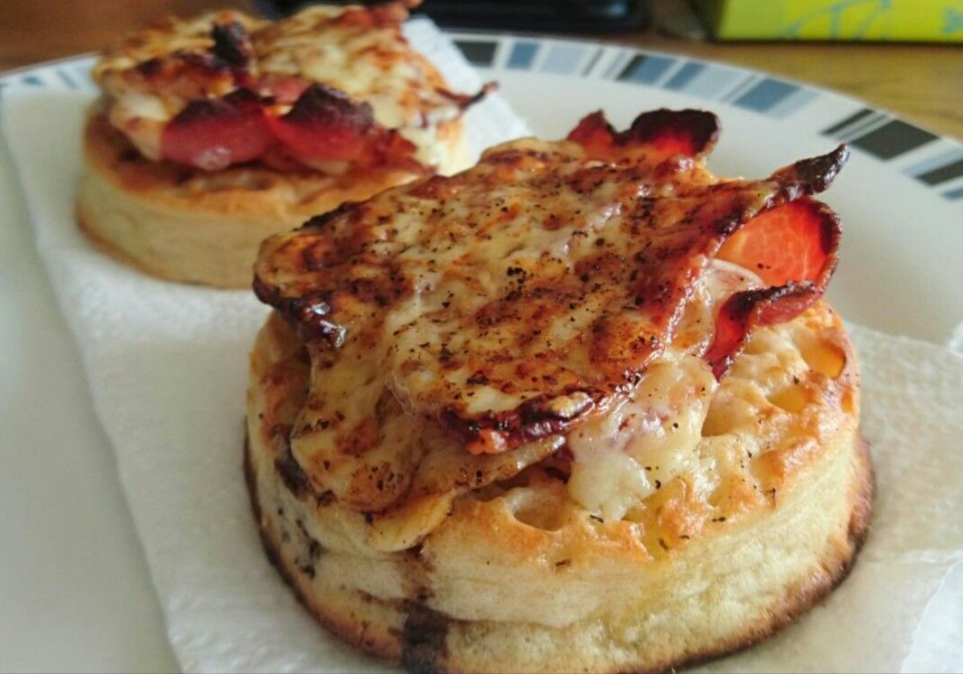 Bacon and cheese crumpets for breakfast