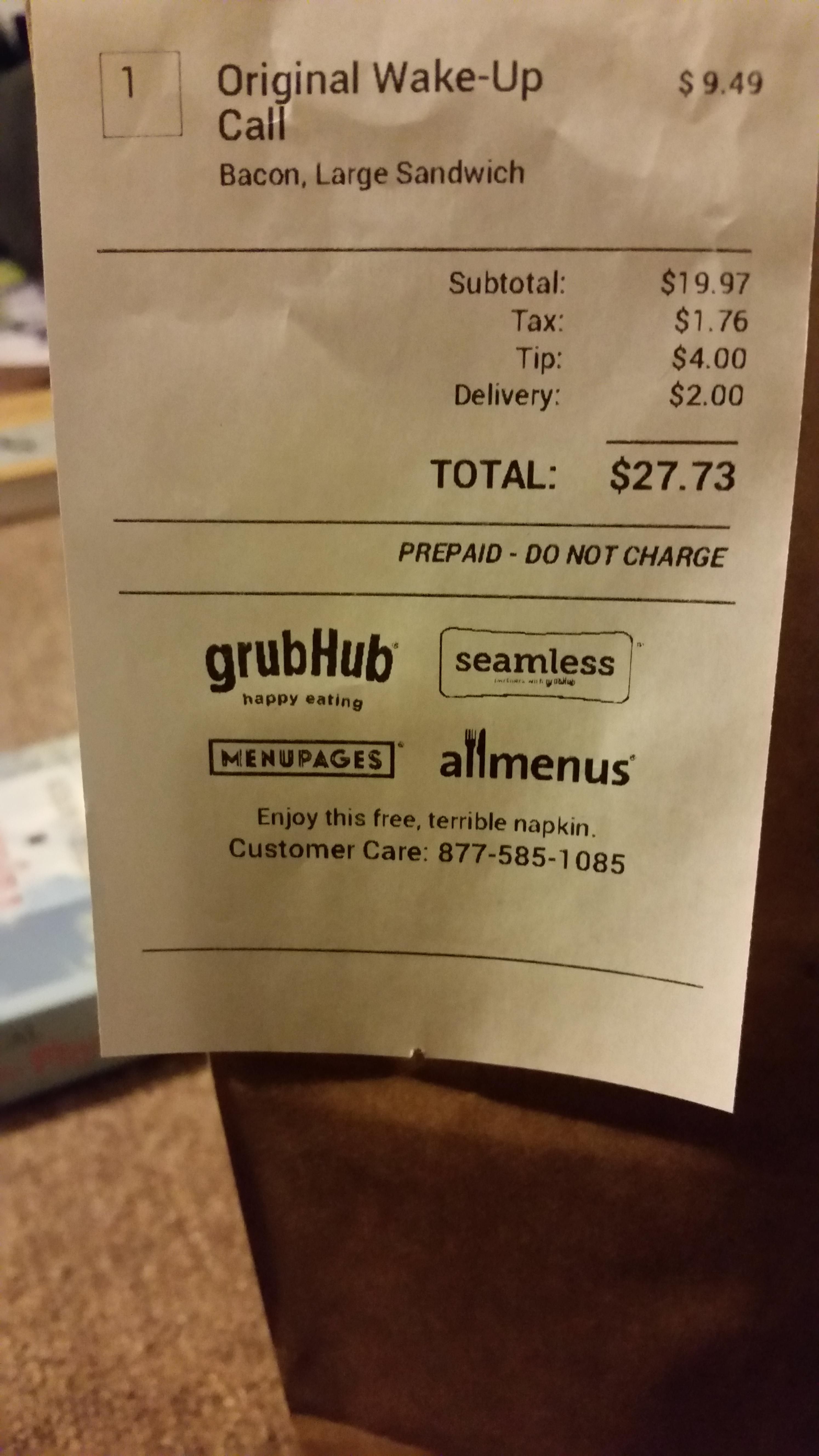 My reciept is a free, terrible napkin