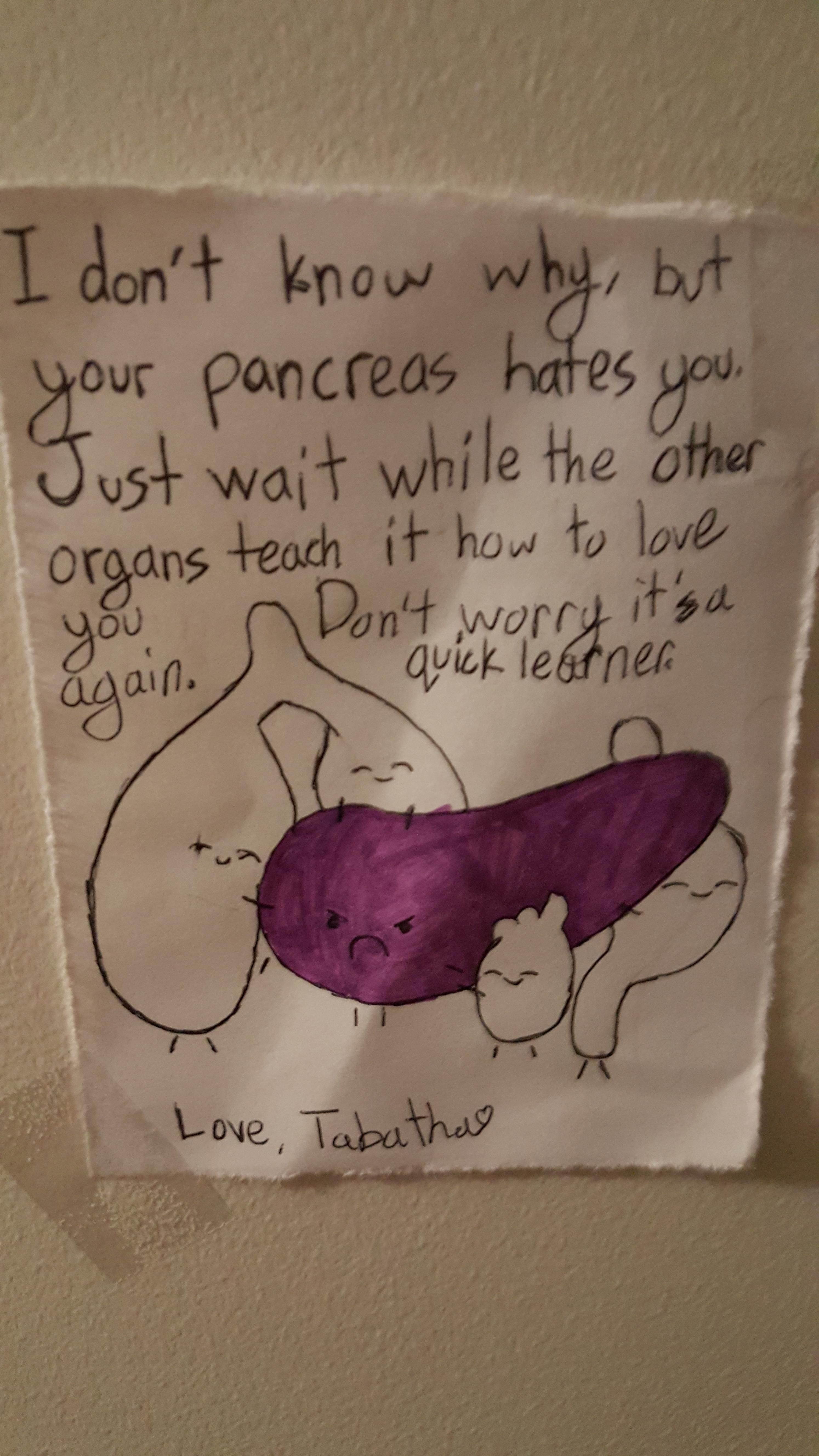 in the hospital with pancreatitis, this is the get well soon card and my daughter drew for me.