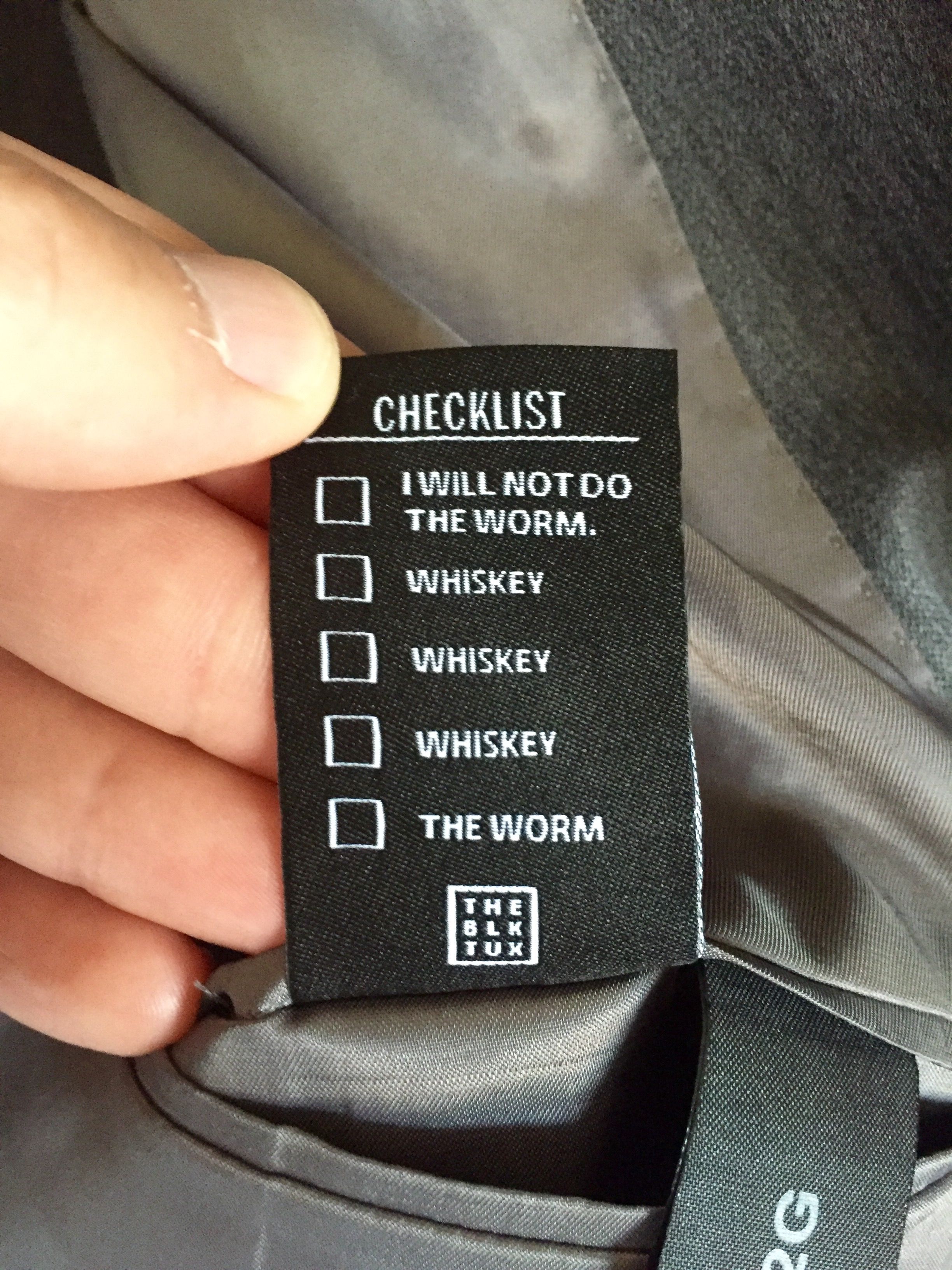 My rented tuxedo had an extra tag on the inside jacket pocket to help me get through the wedding.