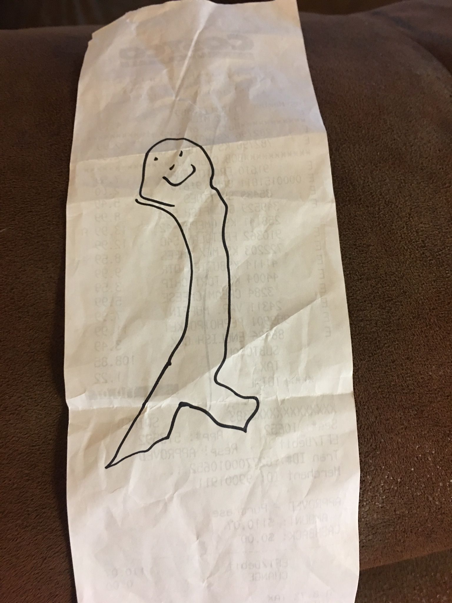 Daughter asked the Costco guy to draw a mermaid when he checked our receipt. He handed it back and muttered an apology to my wife...