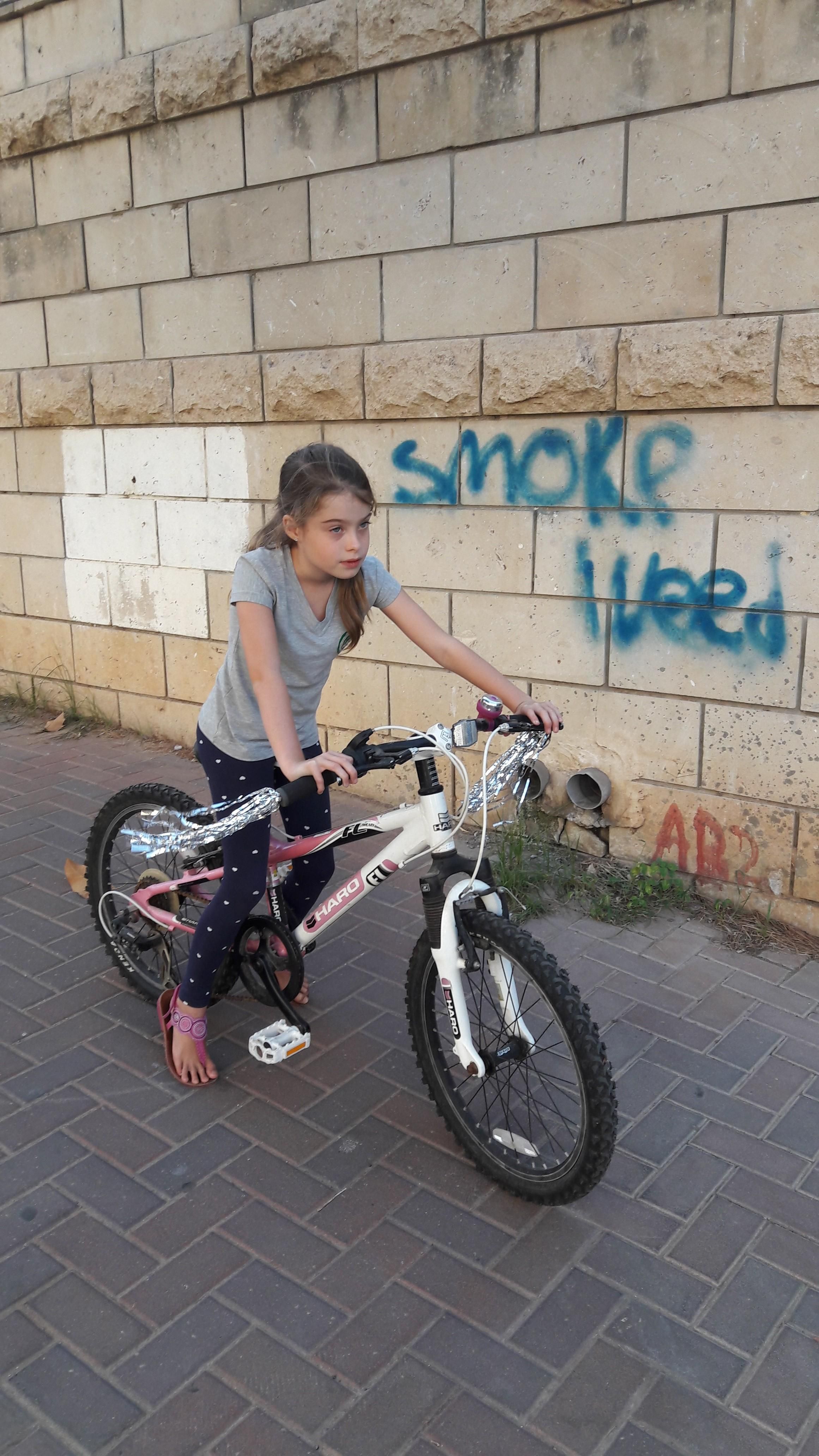 Took a pic of my kid on her new pimped up bike .....didn't pay attention to the graffiti in the background.