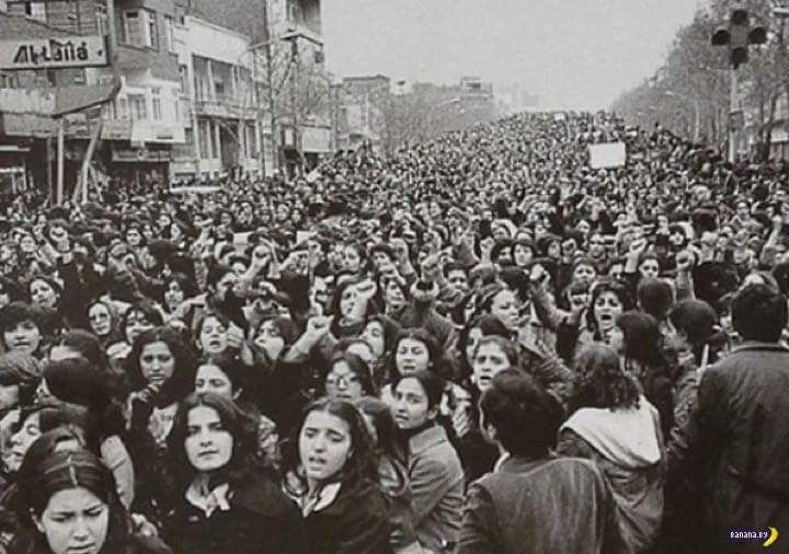 Women in Iran protesting the forced hijab after the 1979 Islamic revolution