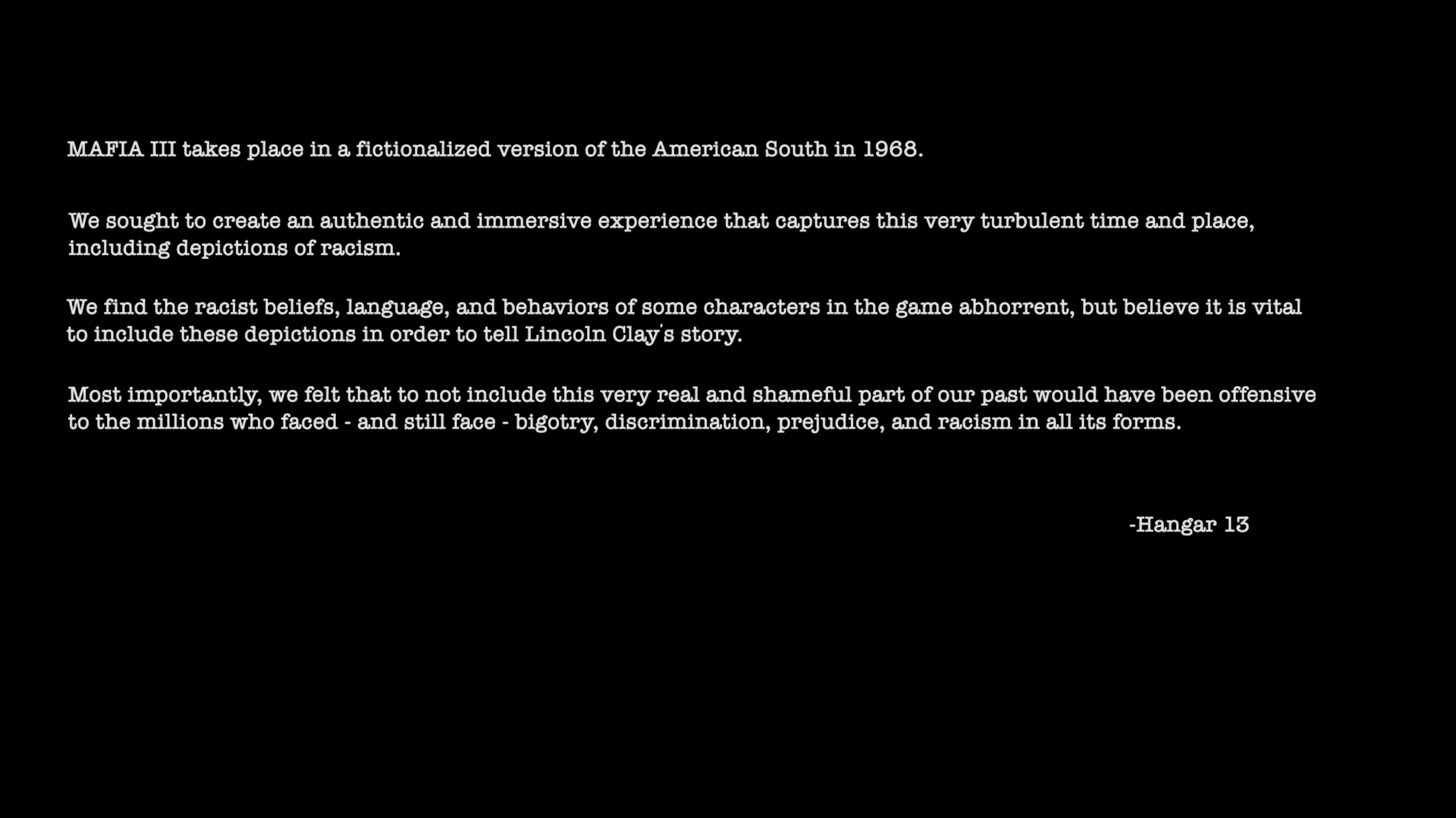 Mafia 3's in-game statement on its depiction of racism
