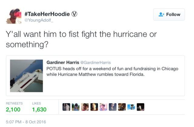 "Why isn't he stopping Hurricane Matthew??"