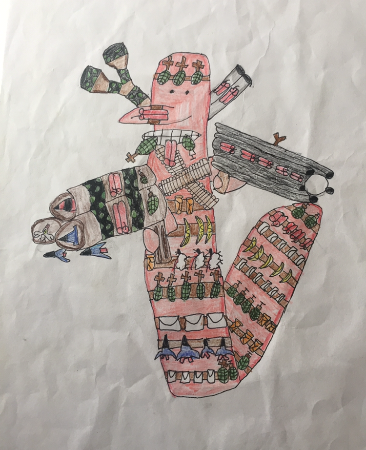 When I was young I used to like worms ALOT. I used to draw pictures of worms with the most weapons that could possibly fit. I found this one while cleaning recently. It's approximately 15 years old.