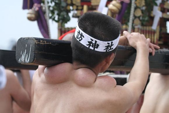 This is what a Japanese Mikoshi bearers shoulder looks like after a festival carrying it.