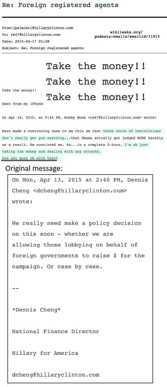 WikiLeaks reveal Hillary campaign deciding to take donations from foreign agents