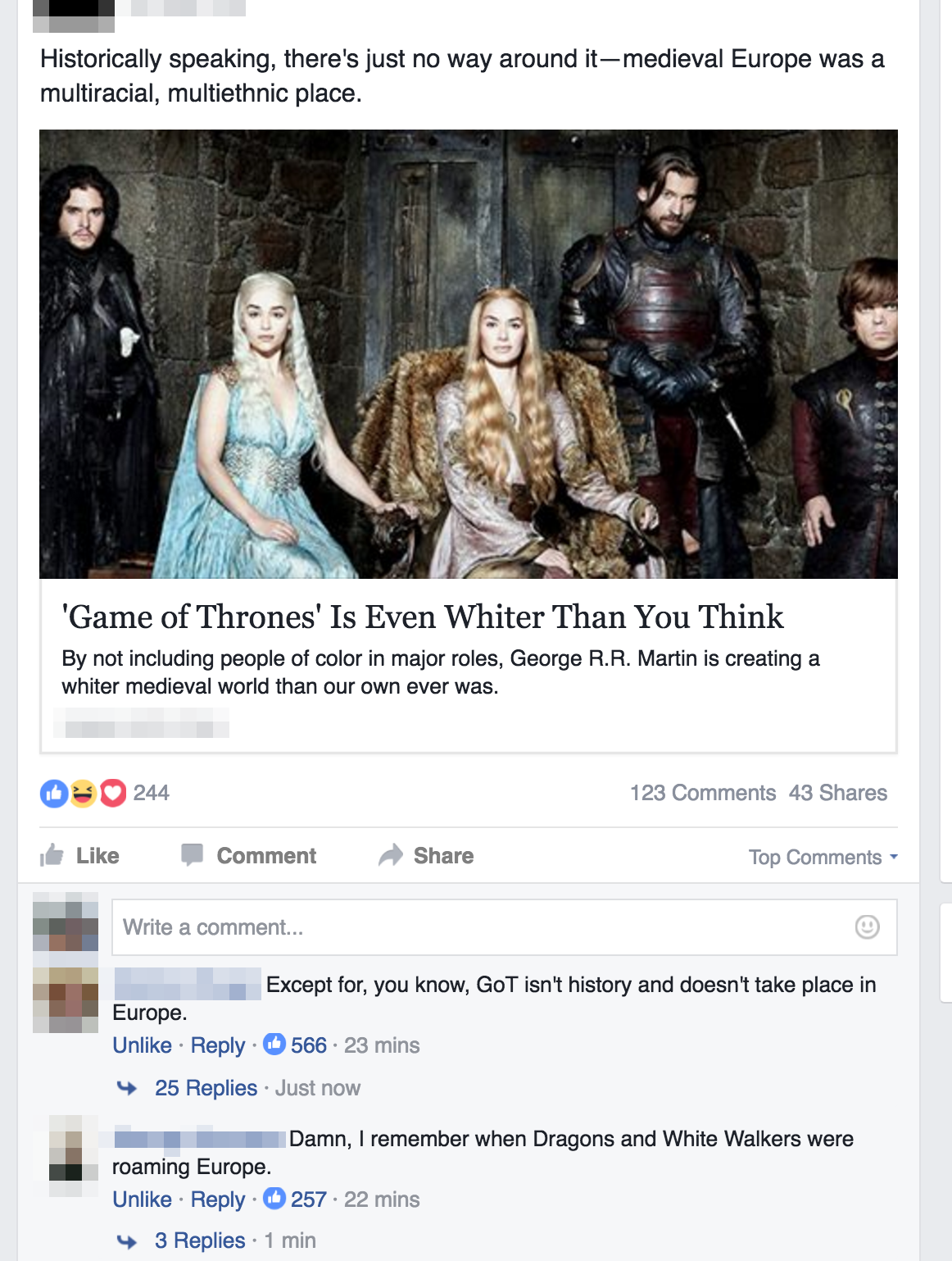 The fictional GoT universe and its history are too white.