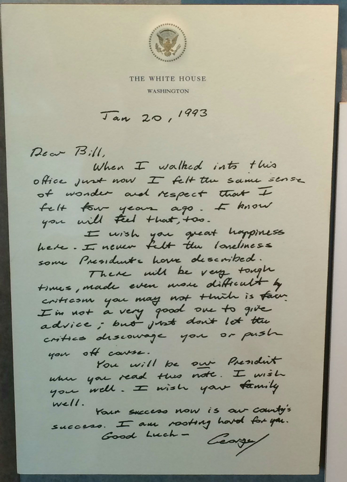 George H. W. Bush's letter to Bill Clinton on the day Bill Clinton assumed the office of President of the United States.