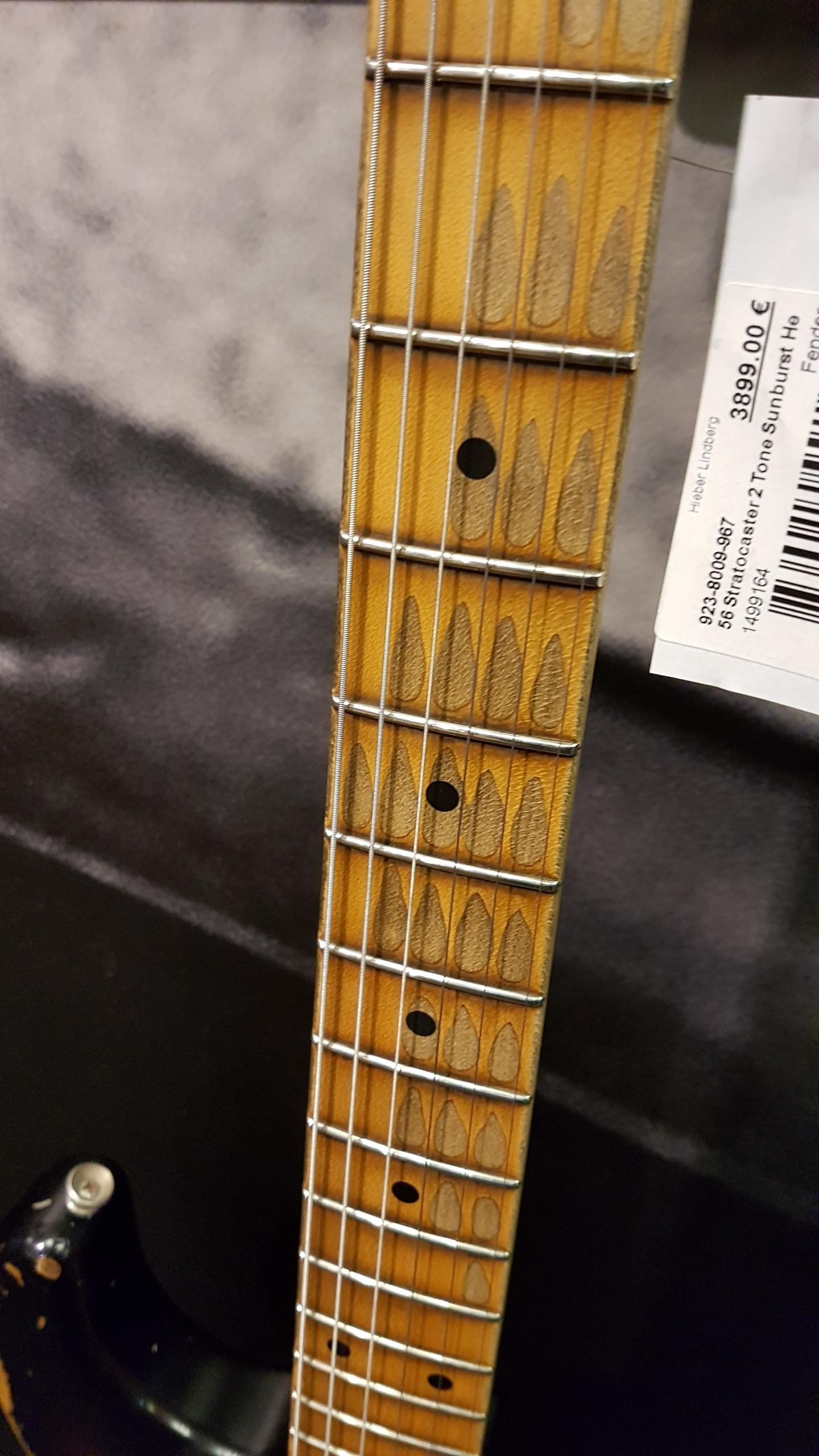 The fretboard of this 1956 Fender Stratocaster guitar shows a frequency distribution of the notes used in its 60 year life.